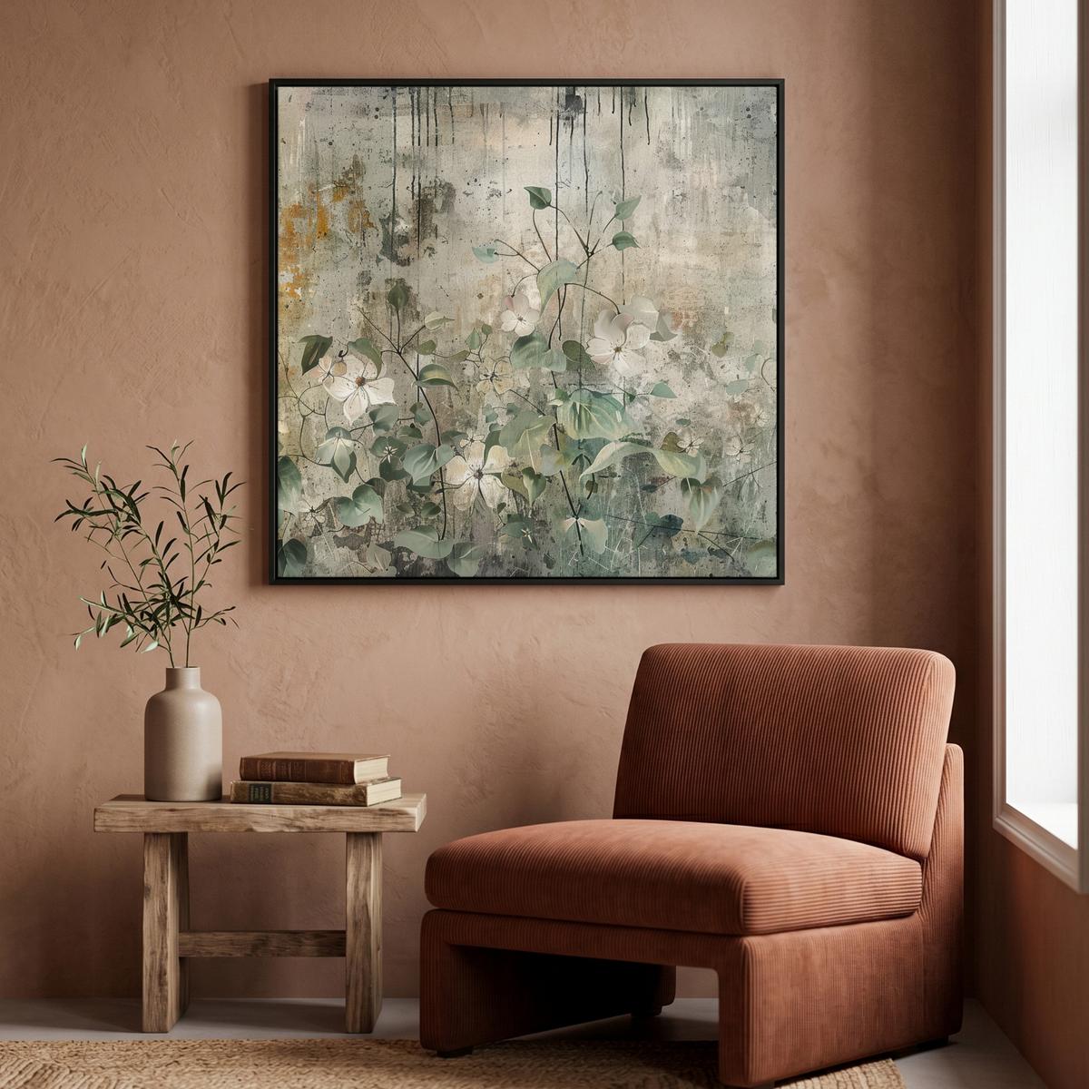 LEINWAND Bilder mit Rahmen - Blumen - Blätter - Abstrakt - Modern - 90x90 - Grau, Textil (90/90cm) - MuchoWow