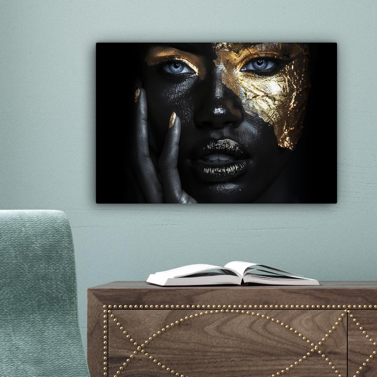 LEINWANDBILD Frau - Gold - Porträt - Schwarz-Weiß - Luxus Deko Schlafzimmer 30x20 cm - Hellblau, Textil (30/20cm) - MuchoWow