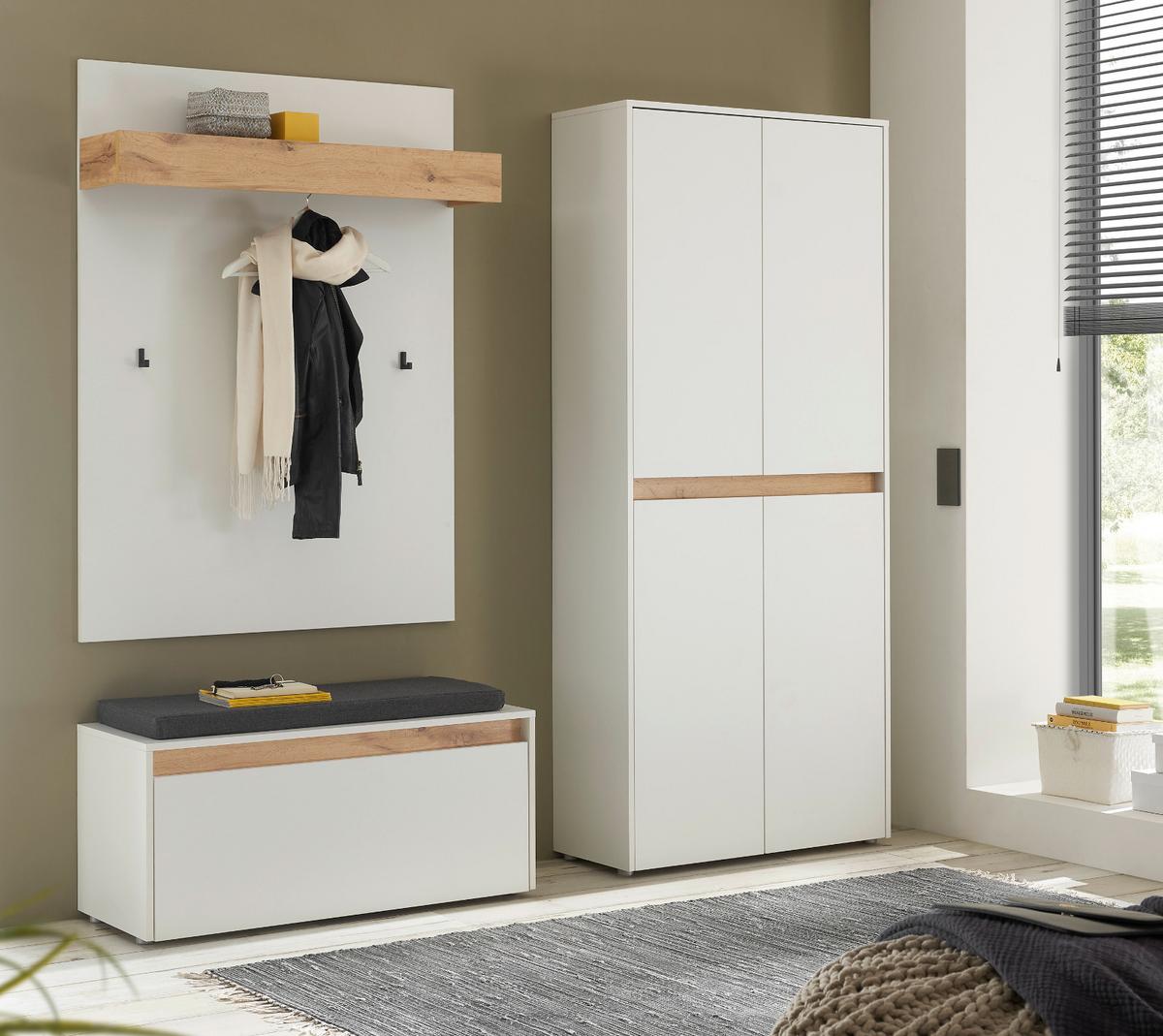 GARDEROBEN-SET weiß matt, Eiche Wotan 195 cm 4-teilig, Flurgarderobe mit viel Stauraum - Eiche Wotan/Schwarz, Holzwerkstoff/Kunststoff (195/200/40cm) - Furn.Design
