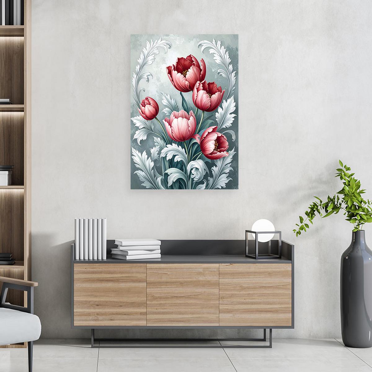 BILDER, Rote Tulpenblüten auf grauem Hintergrund - Rot, Textil (20/30cm) - Feeby