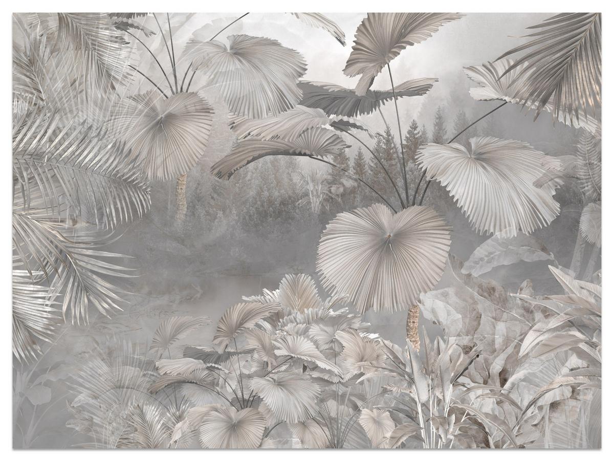 FOTOTAPETE für Wohnzimmer Tropische Blätter Dschungel Palmen Grau 250x175 - Beige/Grau, Papier (250/175cm) - Muralo