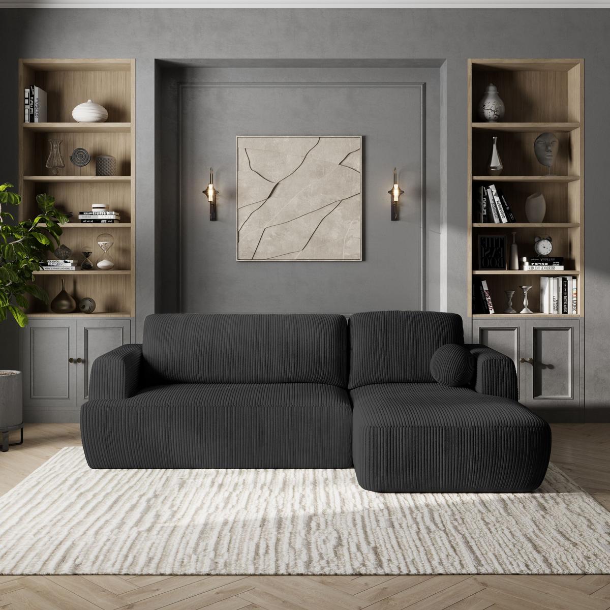 ECKSOFA SENTI P R-S Schwarz Kordstoff mit Schlaffunktion - Schwarz, Holz/Kunststoff (246/148cm) - MASSENO