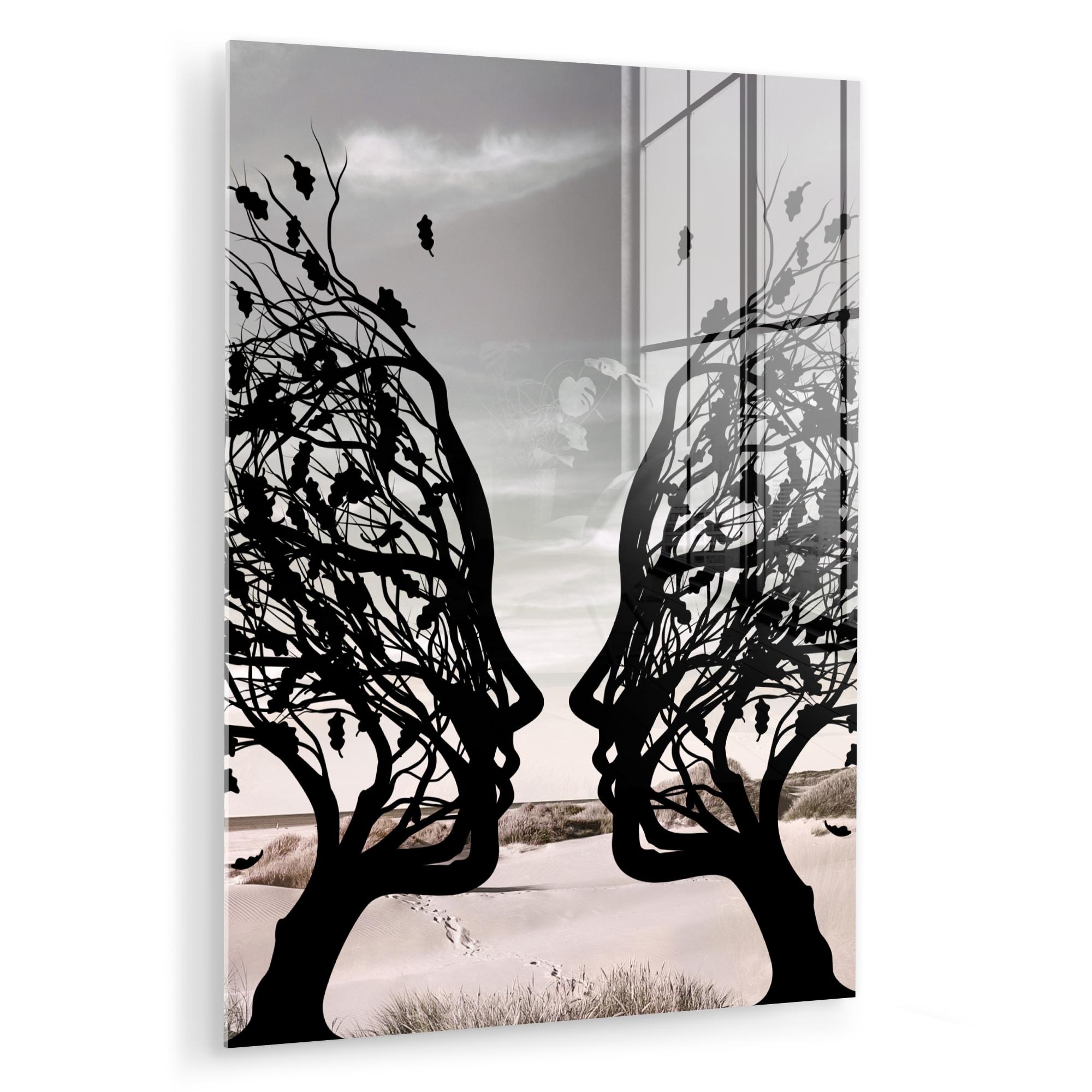 ACRYLGLASBILD Strand - Meer - Menschen - Baum - Moderne Kunst 60x80 cm - Hellgrau, Glas (60/80cm) - MuchoWow