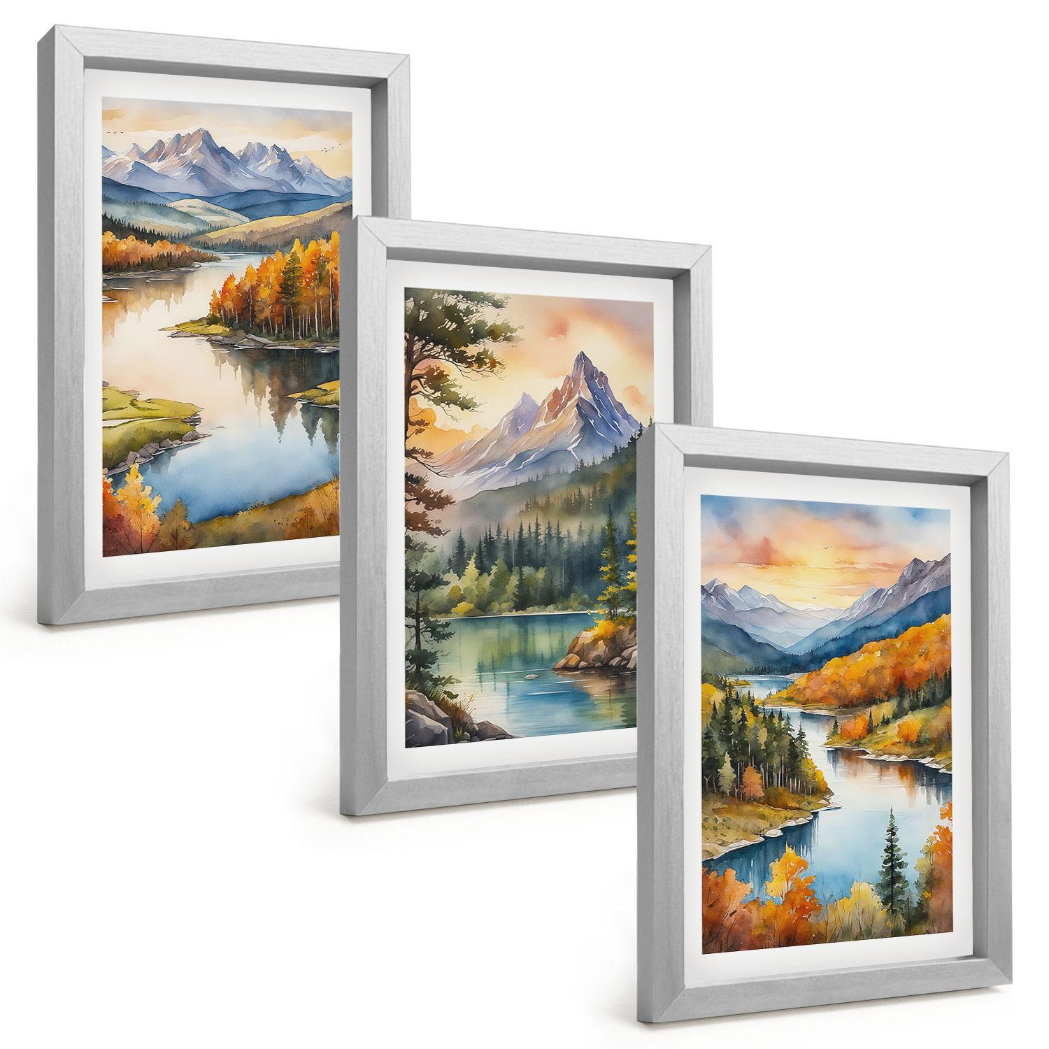 BILDER SET 3er Set - 20x30 cm Silberner Rahmen - Berglandschaften mit einem Fluss - Silberfarben, Kunststoff (20/30cm) - TULUP