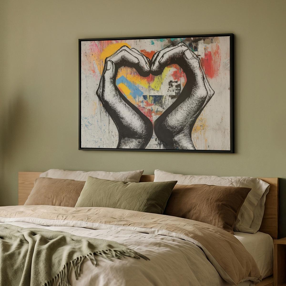 LEINWAND Bilder mit Rahmen - Hände - Herz - Straßenkunst - Graffiti - 100x70 - Multicolor, Textil (100/70cm) - MuchoWow