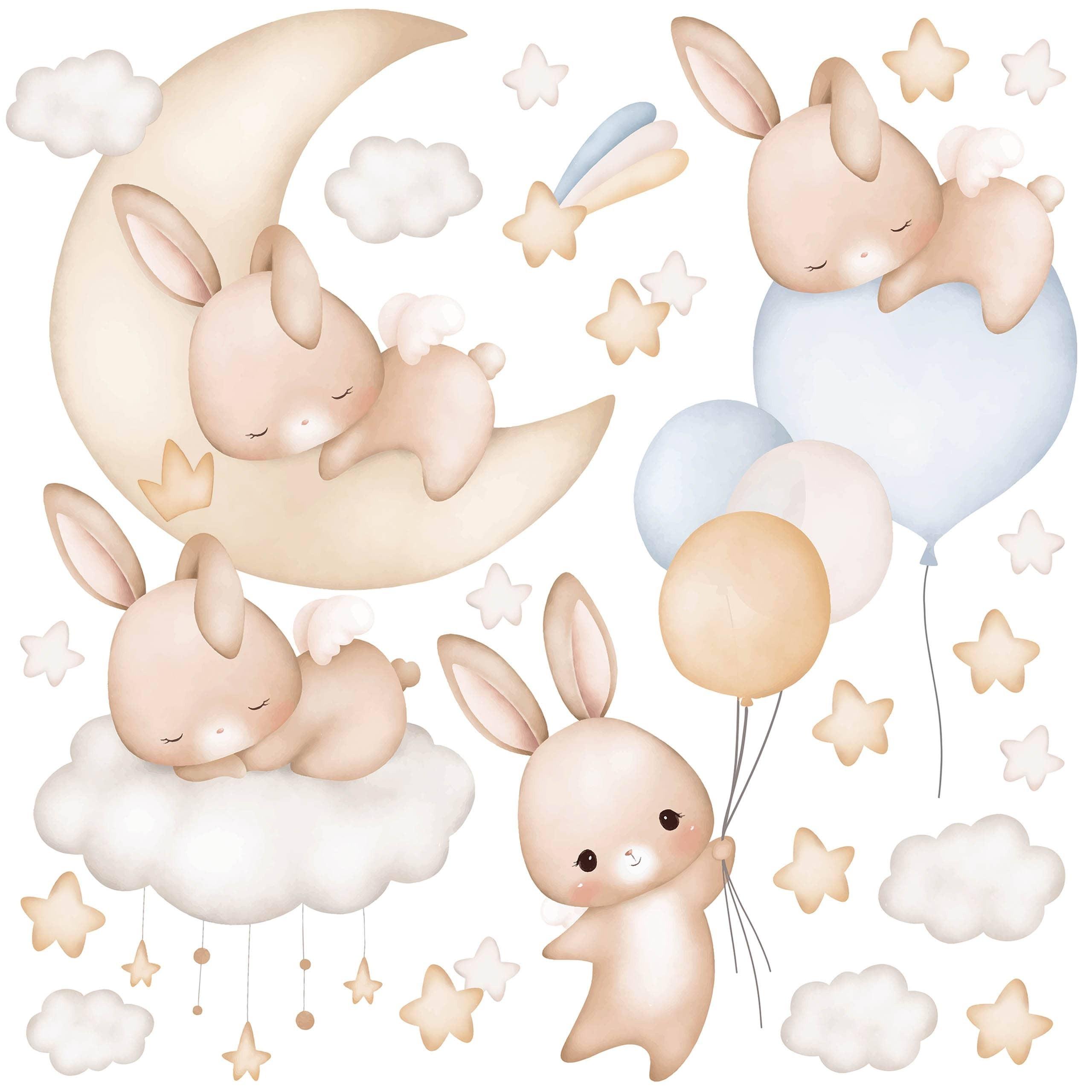 WANDSTICKER Kaninchen Wolken Sterne Ballons 120x60 - Gelb/Beige, Papier (120/60/1cm) - Muralo