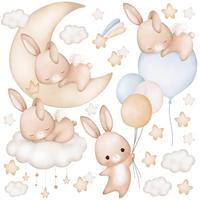 WANDSTICKER Kaninchen Wolken Sterne Ballons 120x60 - Gelb/Beige, Papier (120/60/1cm) - Muralo