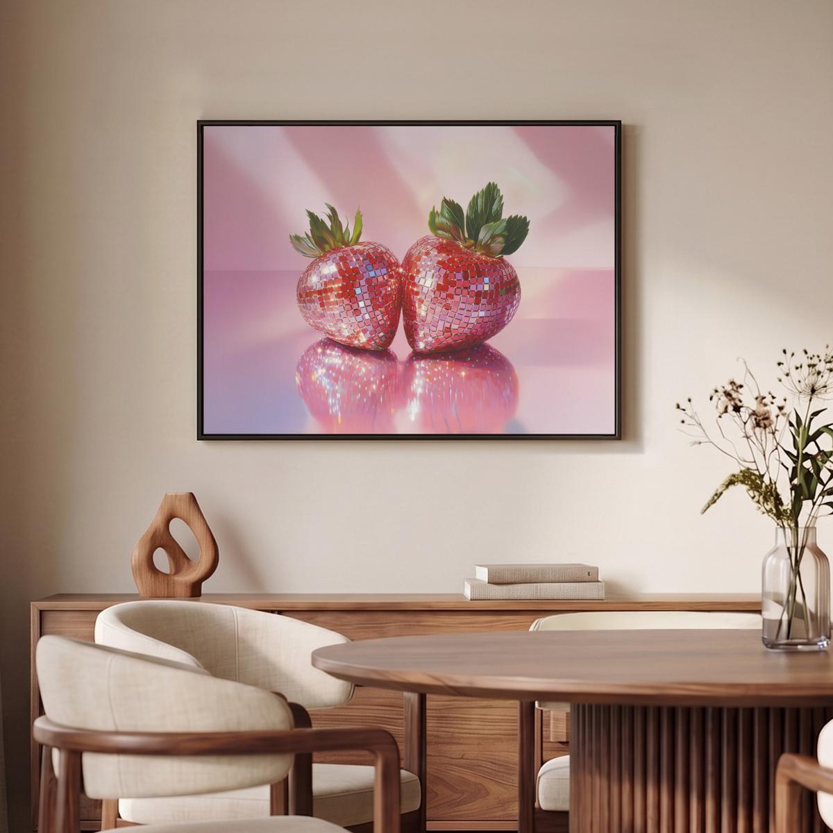 LEINWAND Bilder mit Rahmen - Disco - Obst - Glitzer - Erdbeere - 70x50 - Pink, Textil (70/50cm) - MuchoWow