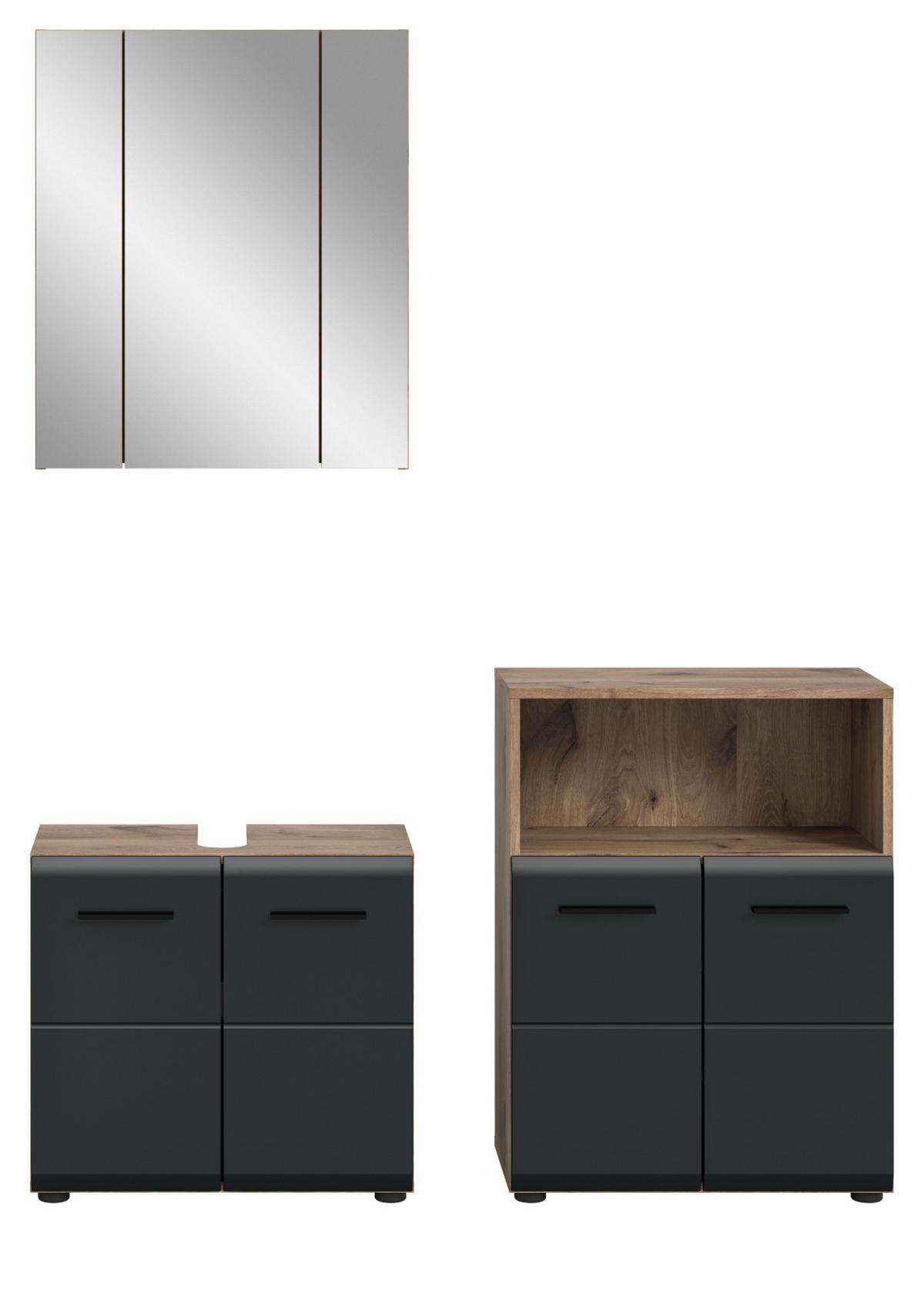 BADMÖBEL-SET 3-teilig schwarz matt, Eiche Nox, Badezimmer Set 135 x 185 cm - Eichefarben/Schwarz, Glas/Holzwerkstoff (135/185/30cm) - Inn.Furn