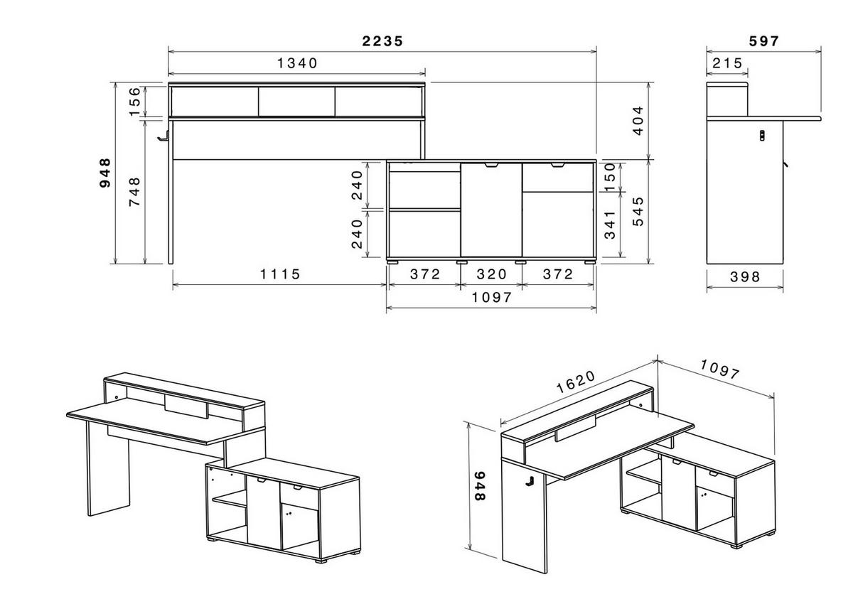 GAMINGTISCH schwarz, grau 229 cm, Gamer Winkelschreibtisch inkl. LED mit Farbwechsel - Schwarz/Grau, Holzwerkstoff/Kunststoff (60/229/95cm) - Parisot Meuble