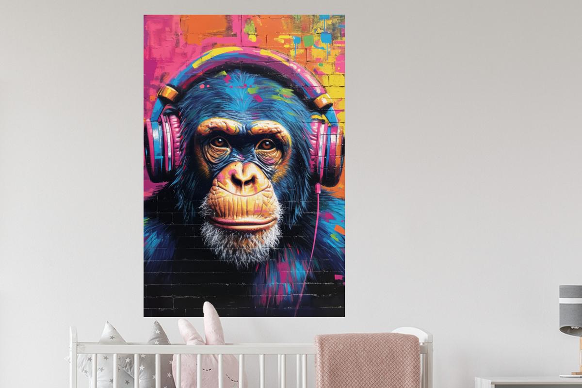 WANDTATTOO Graffiti - Schimpanse - Straßenkunst - Kopfhörer - Affe Wandaufkleber 80x120 cm - Blau, Kunststoff (80/120/0.1cm) - MuchoWow