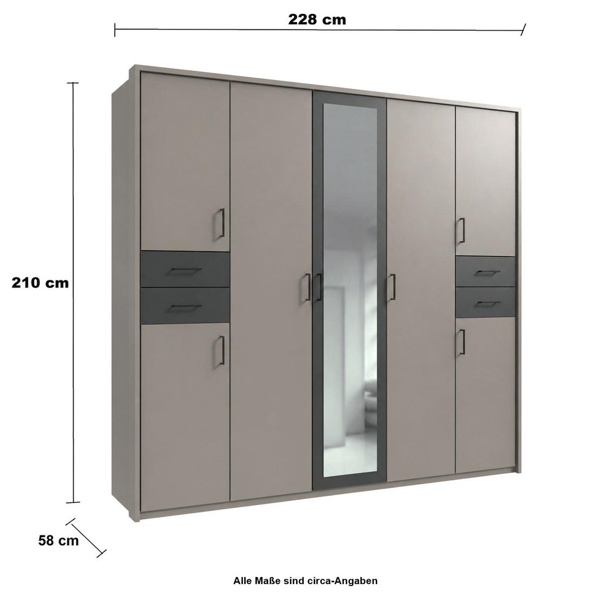 DREHTÜRENSCHRANK B228/H210/T58 cm, Sandgrau mit Absetzungen in Grafit, Kleiderschrank mit Passepartout&1Spiegeltür&Schubkästen, Griffe schwarz/ 22573 - Sandfarben/Schwarz, Holzwerkstoff/Kunststoff (228/210/58cm) - luma-home