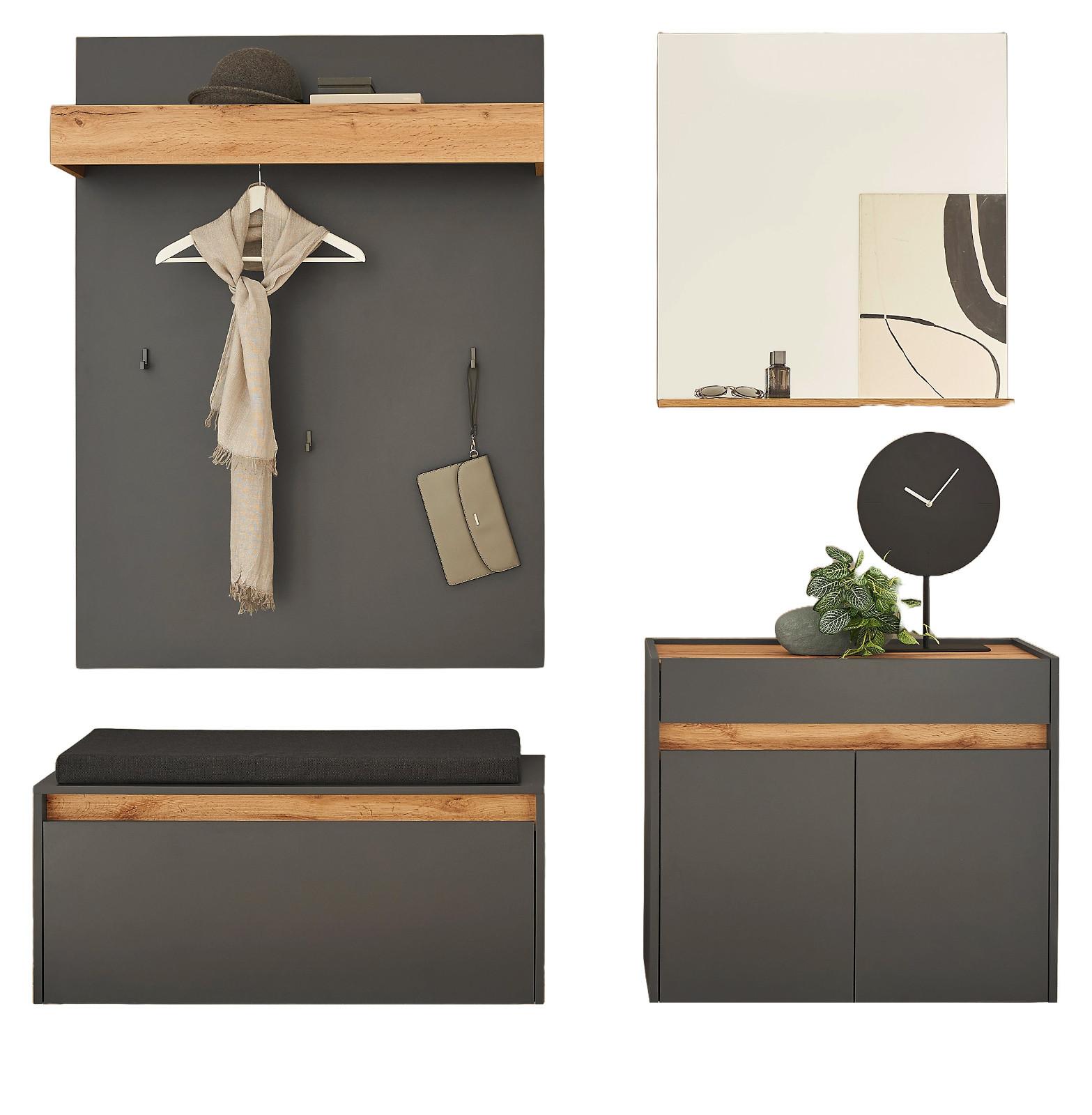 GARDEROBEN-SET 5-teilig grau matt, Eiche Wotan 190 cm, Kombination inklusive Sitzkissen - Eiche Wotan/Silberfarben, Glas/Holzwerkstoff (190/200/40cm) - Furn.Design