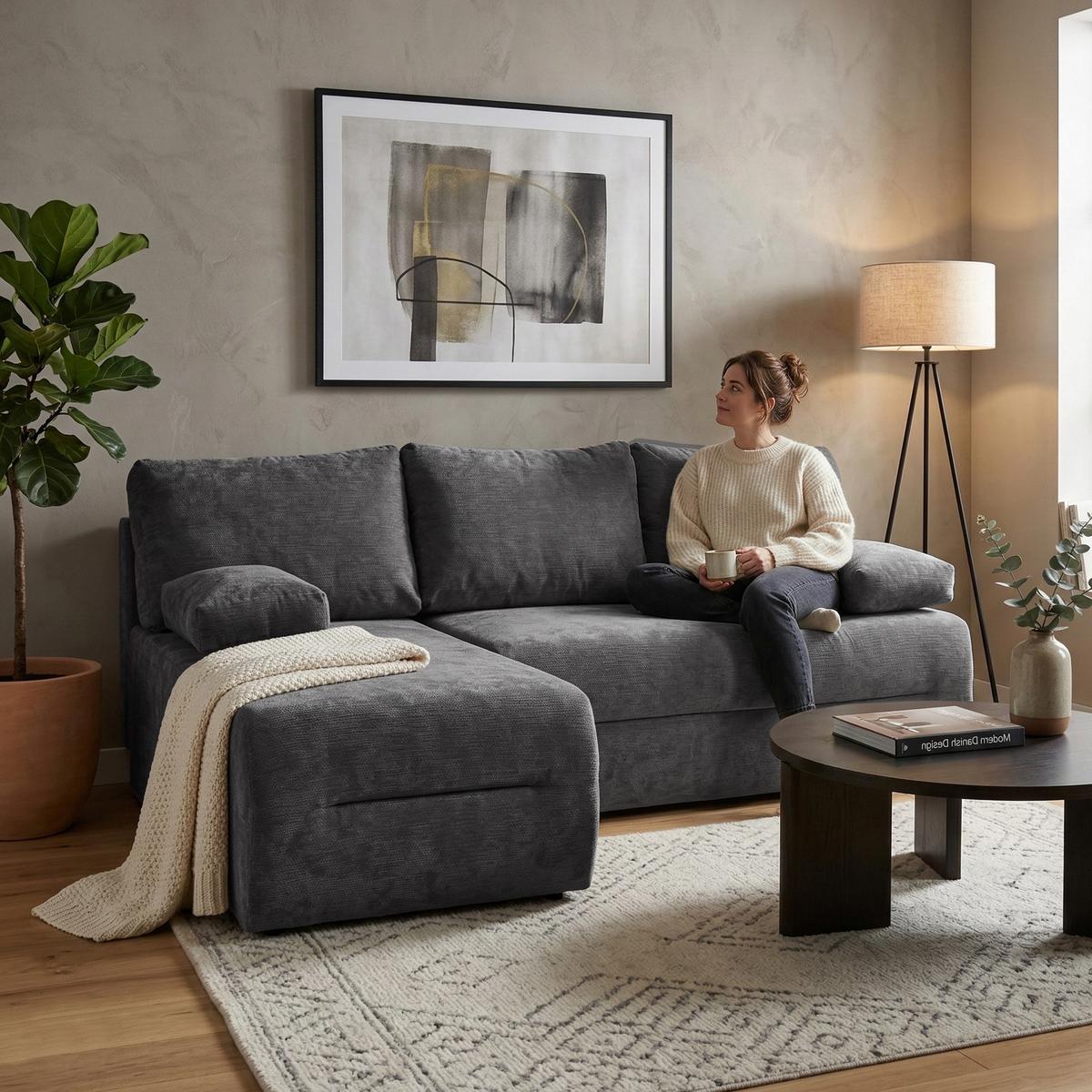 ECKSCHLAFSOFA Liana mit Schlaffunktion und Bettkasten, Links, Dunkelgrau - Dunkelgrau, Textil (206/154cm) - Beautysofa
