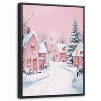 LEINWAND Bilder mit Rahmen - Weihnachtsdorf - Rosa - Winter - Schnee - Häuser - 30x40 - Altrosa, Textil (30/40cm) - MuchoWow