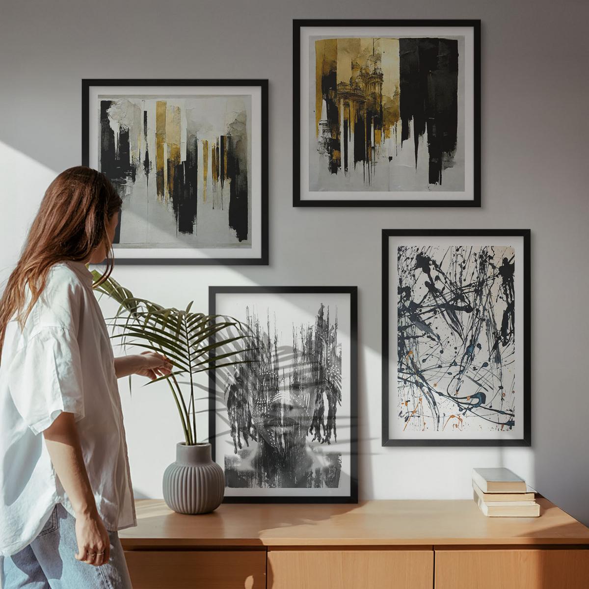 BILDER SET 4er Set - 50x50 cm & 40x60 cm Schwarzer Rahmen - Kontrastierende abstrakte Porträts - Schwarz, Kunststoff (50/50cm) - TULUP