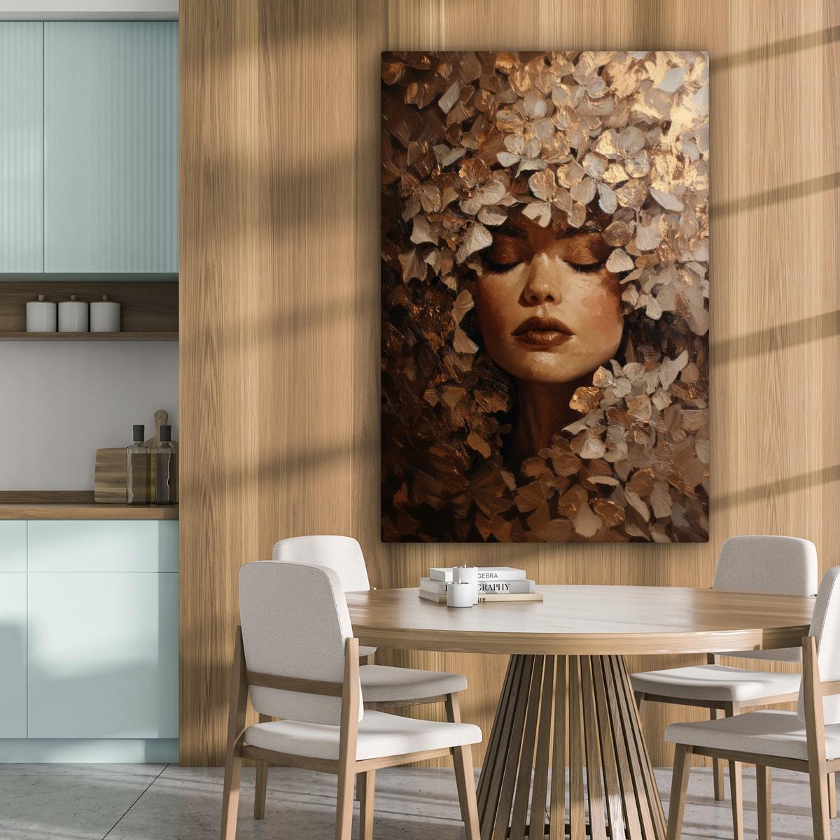 LEINWANDBILD Gesicht - Dame - Blätter - Pinselstriche Deko XXL 80x120 cm - Goldfarben, Textil (80/120cm) - MuchoWow