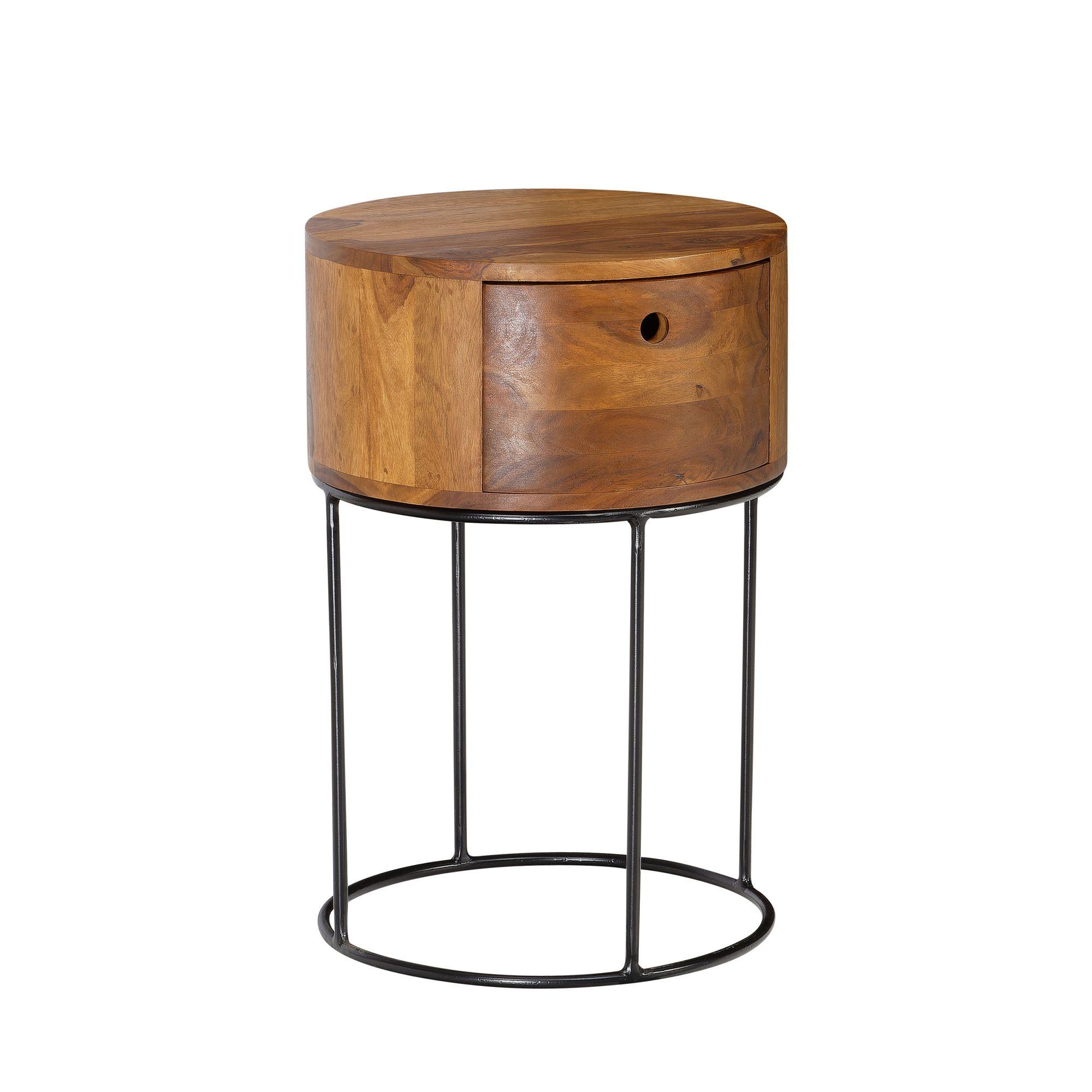 NACHTKONSOLE Massivholz mit Schublade rund Modern Braun - Schwarz/Braun, Holz/Metall (40/60/40cm) - KADIMA DESIGN