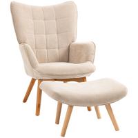 OHRENSESSEL mit Hocker, Relaxsessel, Polstersessel in Cord-Optik, mit Holzbeine - Beige/Naturfarben, Buchenholz/Textil (80/101/72cm) - HOMCOM
