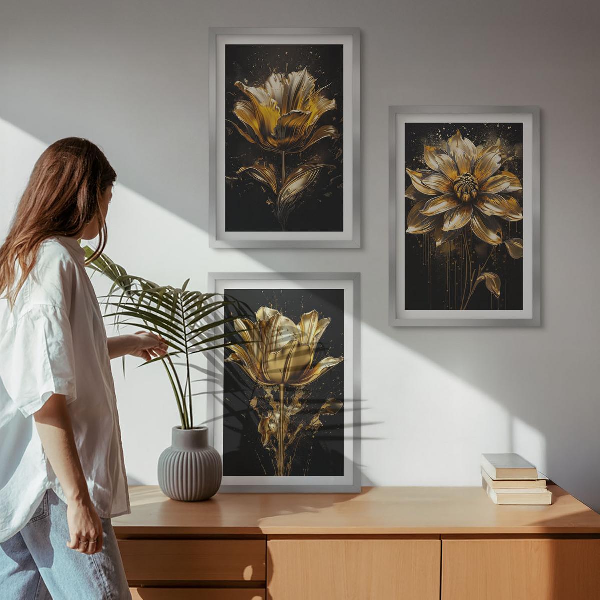 BILDER SET 3er Set - 40x60 cm Silberner Rahmen - Gelbe Blüten auf dunklem Hintergrund - Silberfarben, Kunststoff (40/60cm) - TULUP