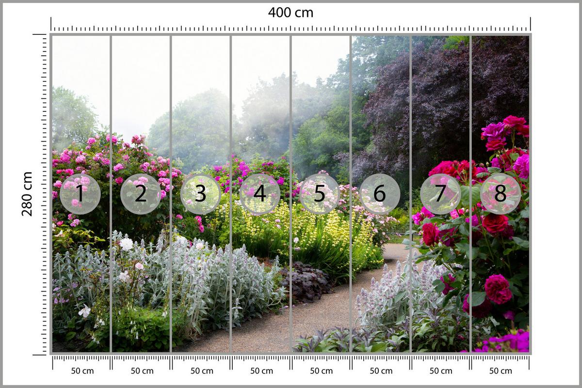 FOTOTAPETE für Schlafzimmer Bunte Blumen Waldweg Rosen Bäume 400x280 - Gelb/Violett, Papier (400/280cm) - Muralo