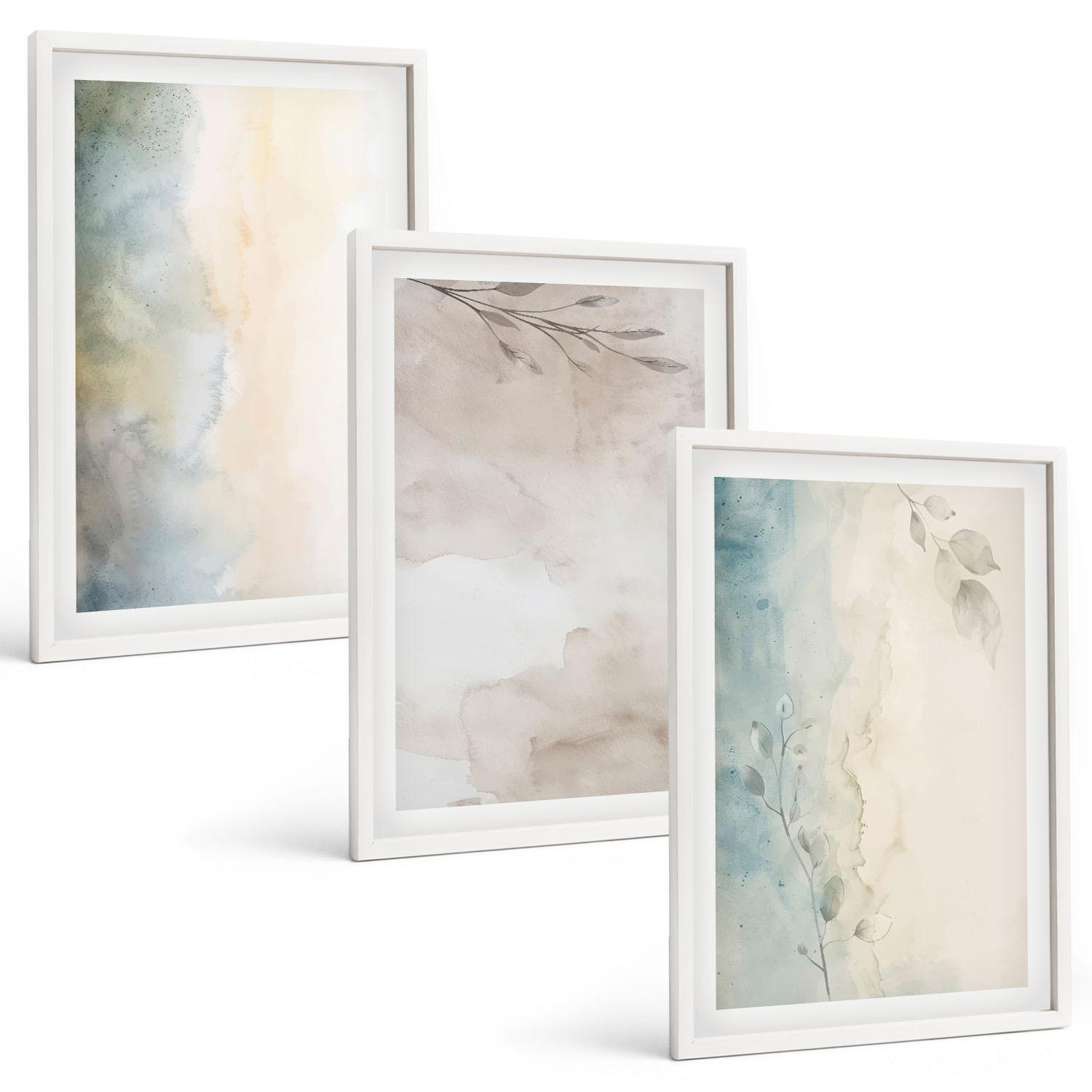 BILDER SET 3er Set - 40x60 cm Weißer Rahmen - Zarte Aquarellkartons - Weiß, Kunststoff (40/60cm) - TULUP