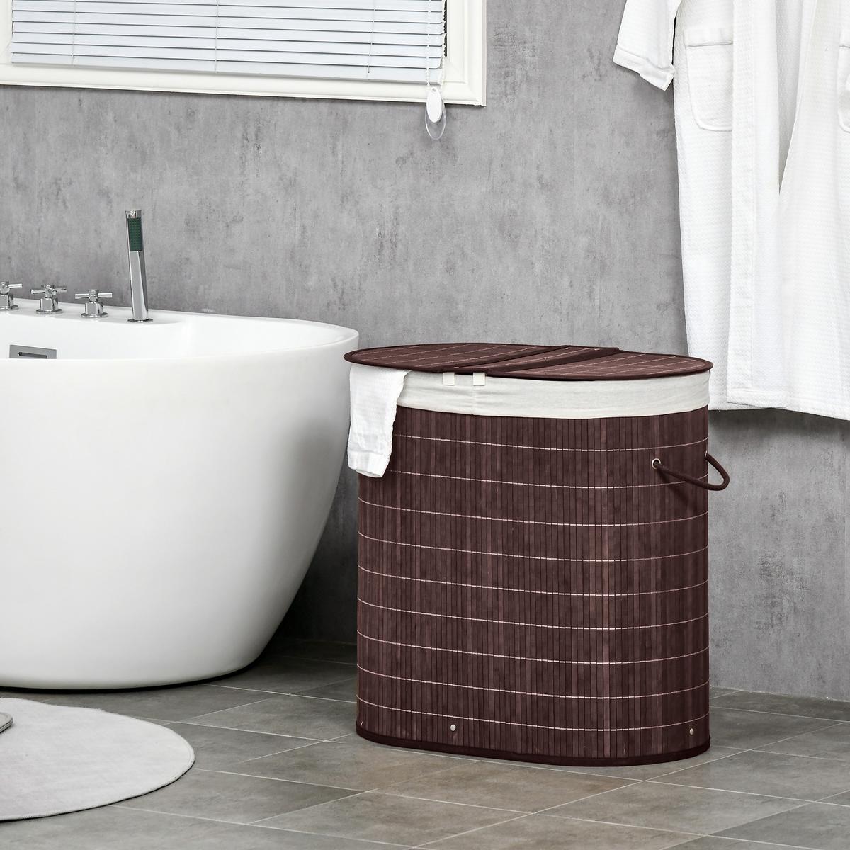 WÄSCHEKORB Wäschebox 100L Wäschesammler mit Deckel, 2 Wäschesäcken, Bambus - Braun, Naturmaterialien (37/60.5/62.5cm) - HOMCOM