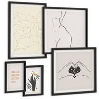 BILDER SET 5er Set - 50x50 cm & 20x30 cm & 40x60 cm Schwarzer Rahmen - Minimalistische Boho-Illustrationen - Schwarz, Kunststoff (40/60cm) - TULUP