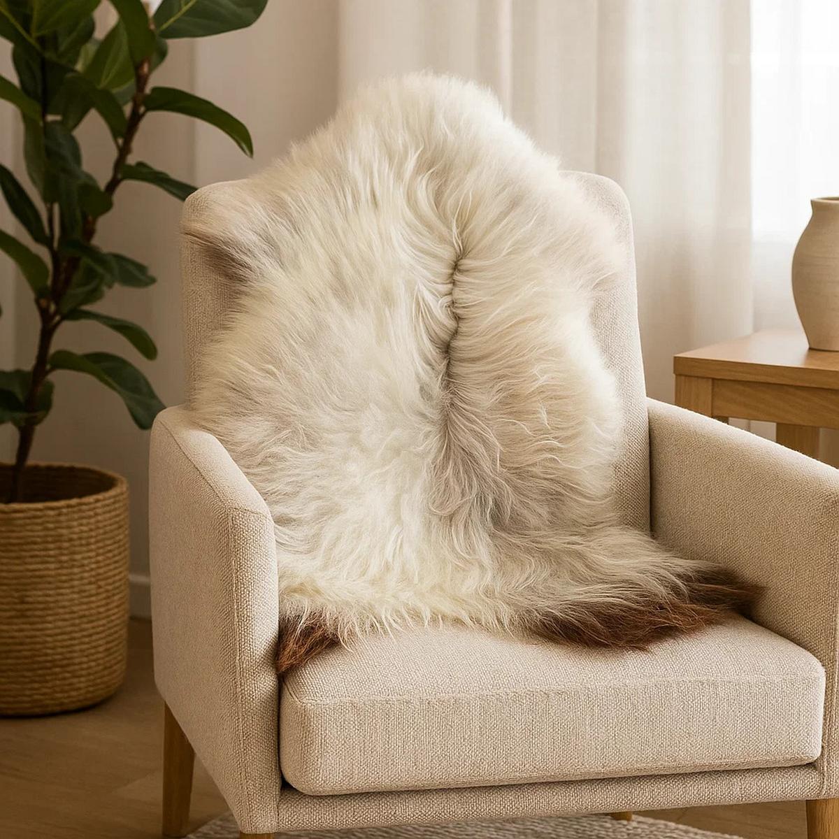 SCHAFFELL Ganzes Island Lammfell Langhaarig Cremeweiß/Braune Spitzen, ca. 120 cm - Creme/Weiß, Fell (70/120cm) - Provellus