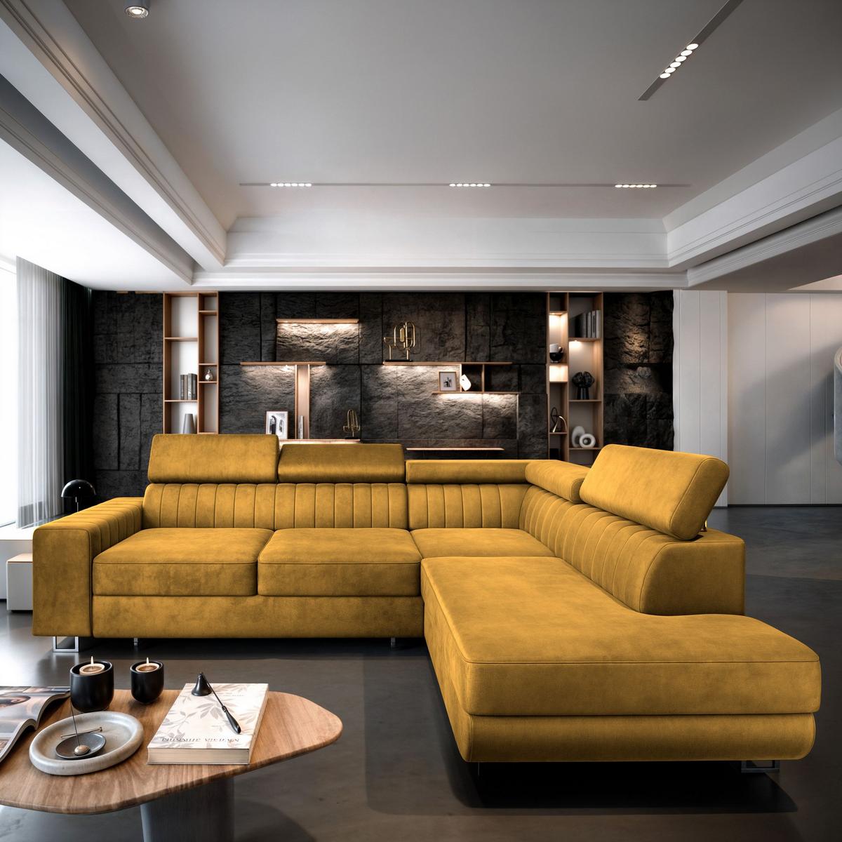 ECKSOFA NOLA R-S Gelb Velours-Stoff mit Schlaffunktion - Gelb/Silberfarben, Holz/Textil (253/190cm) - MASSENO