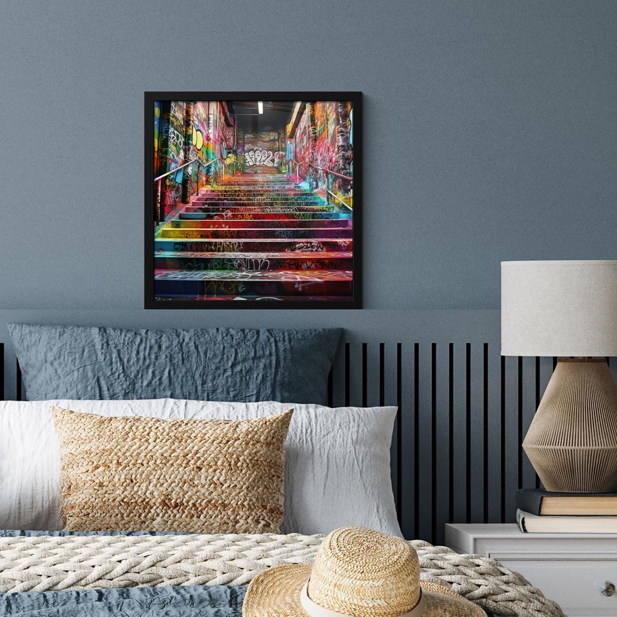 POSTER MIT RAHMENGERAHMTES BILD Treppe - Graffiti - Farben - Kunst 40x40 cm - Multicolor, Papier (40/40cm) - MuchoWow