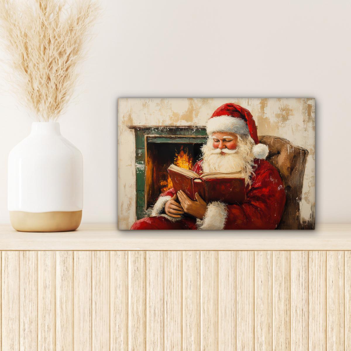 LEINWANDBILD Weihnachten - Weihnachtsmann - Winter - Open Fireside Deko Schlafzimmer 30x20 cm - Dunkelrot, Textil (30/20cm) - MuchoWow
