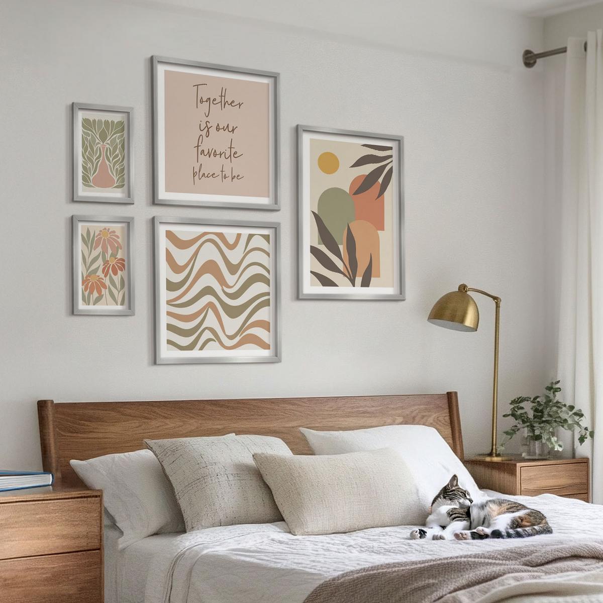 BILDER SET 5er Set - 50x50 cm & 20x30 cm & 40x60 cm Silberner Rahmen - Abstrakte Pastellblumen - Silberfarben, Kunststoff (40/60cm) - TULUP