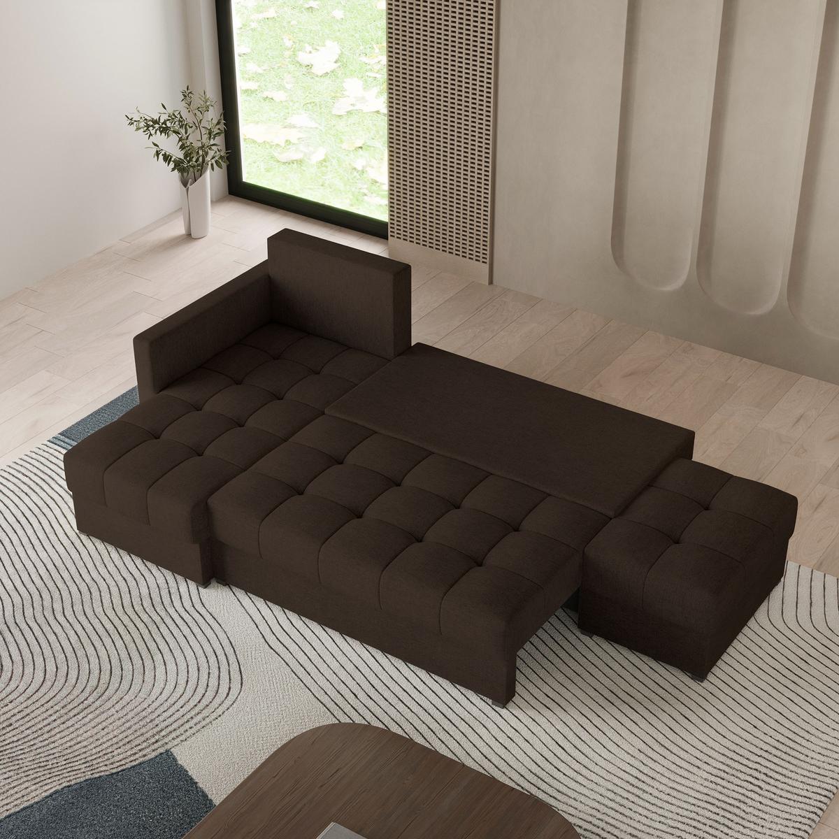 ECKSOFA LUMARI L-S Braun Plüsch-Stoff mit Schlaffunktion - Dunkelbraun, Holz (262/143cm) - MASSENO