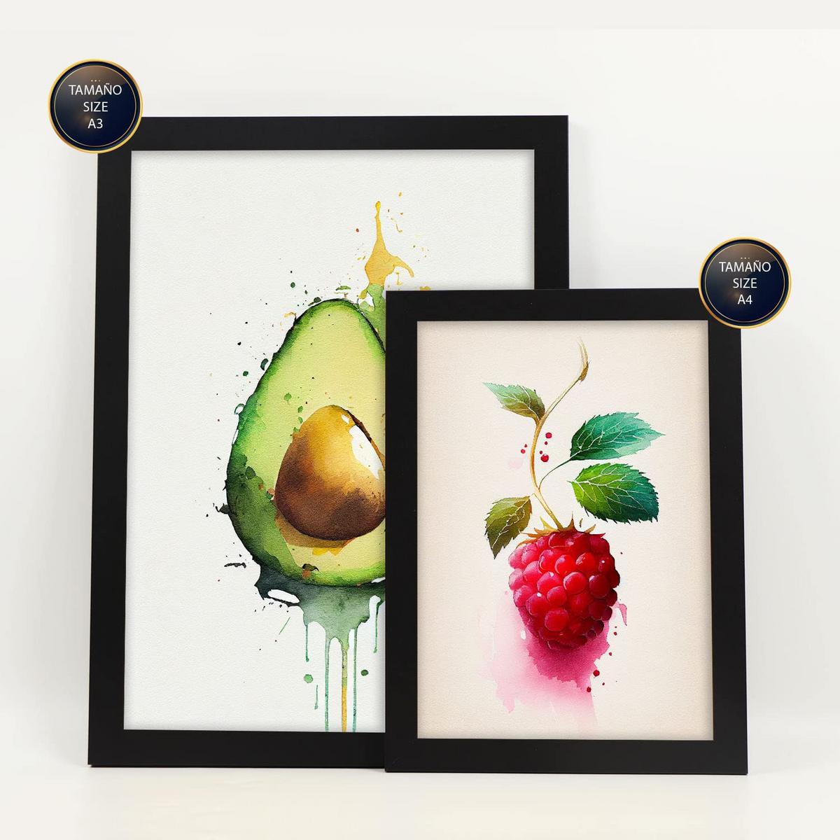 POSTER Set Mit 6 Erfrischende Früchte Plakate Von Obst Gemüse & Gesunden Lebensmitteln Im Aquarell Kunst Auf Reinweißen A3 & A4 Schwarzer Rahmen - Schwarz, Papier (29/3cm) - Nacnic