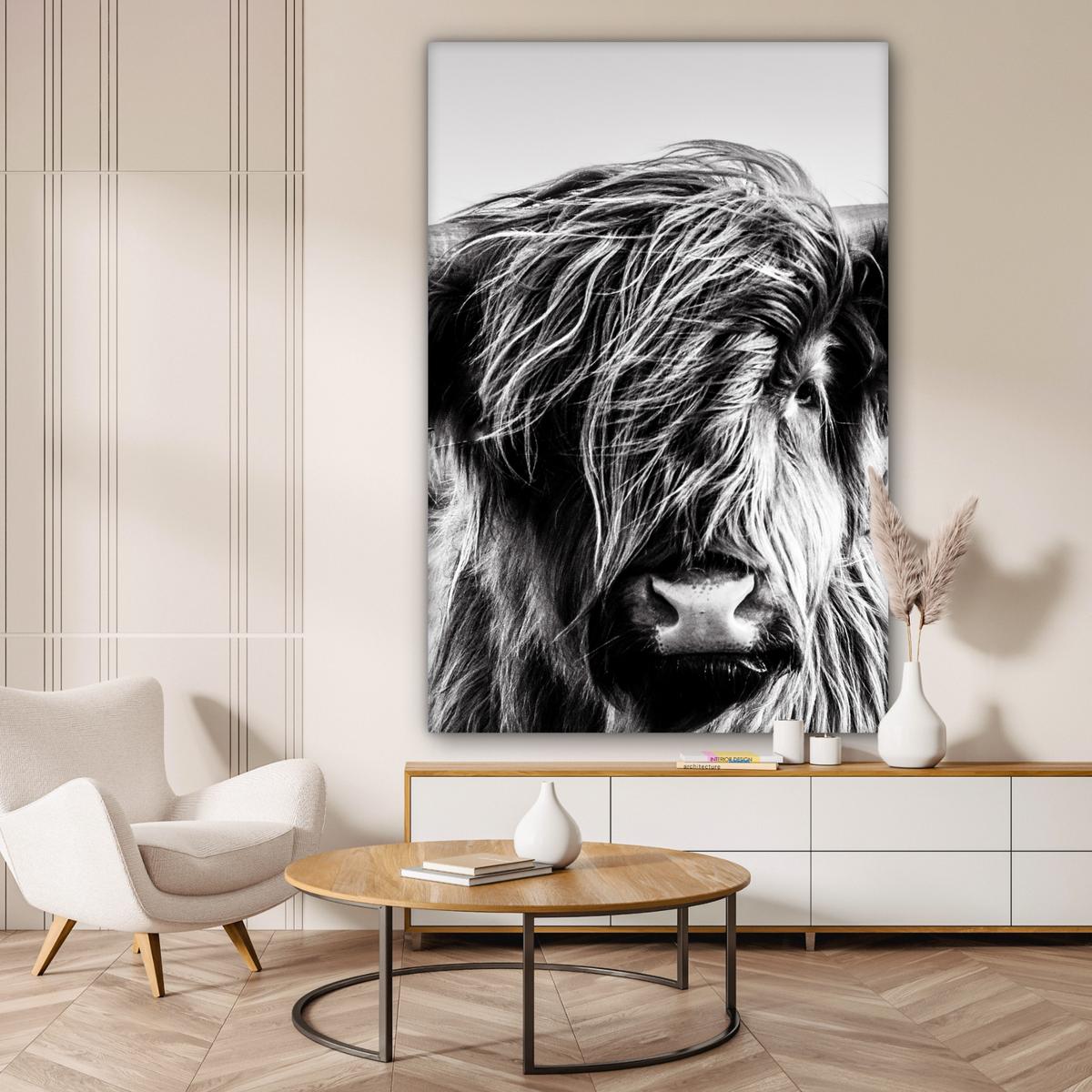 LEINWANDBILD Kuh - Schottischer Hochländer - Schwarz - Weiß - Tier - Natur - Wildtiere Deko Groß 90x140 cm - Schwarz, Textil (90/140cm) - MuchoWow