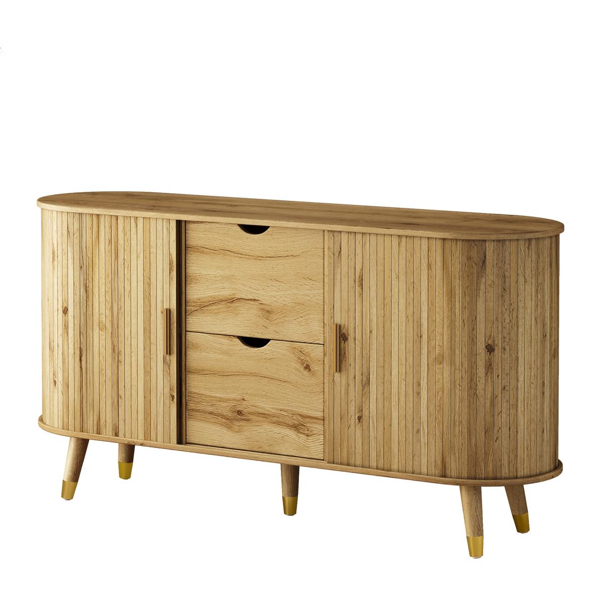 SIDEBOARD Naturholzoptik Abgerundet mit 2 Schiebetüren & 2 Schubladen - Naturfarben, Holzwerkstoff (140/79.5/40cm) - Urban Meuble