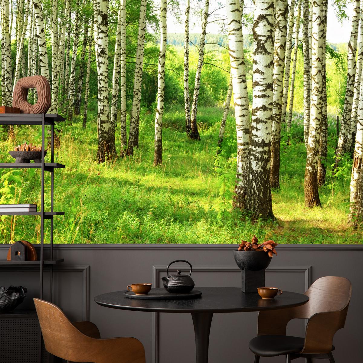 FOTOTAPETE für Esszimmer Birkenwald Bäume Natur 3D 100x70 - Schwarz/Braun, Papier (100/70cm) - Muralo
