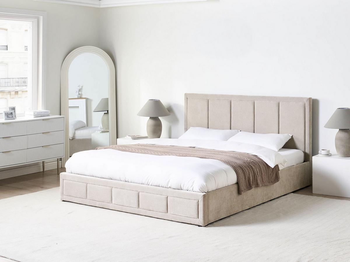 BETT mit Stauraum 180/200 cm Chenillegewebe Taupe Quiberon - Taupe, Textil (180/200cm) - Beliani