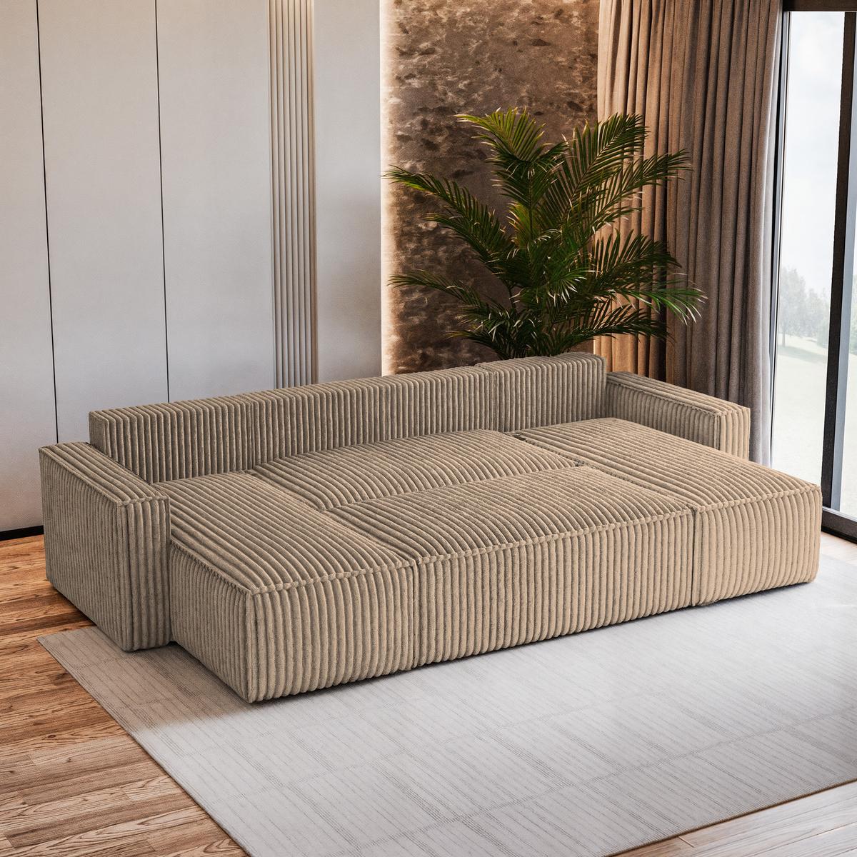 WOHNLANDSCHAFT PESANO T Beige Kordstoff mit Schlaffunktion - Beige/Grau, Holz/Kunststoff (306/85/140cm) - MASSENO