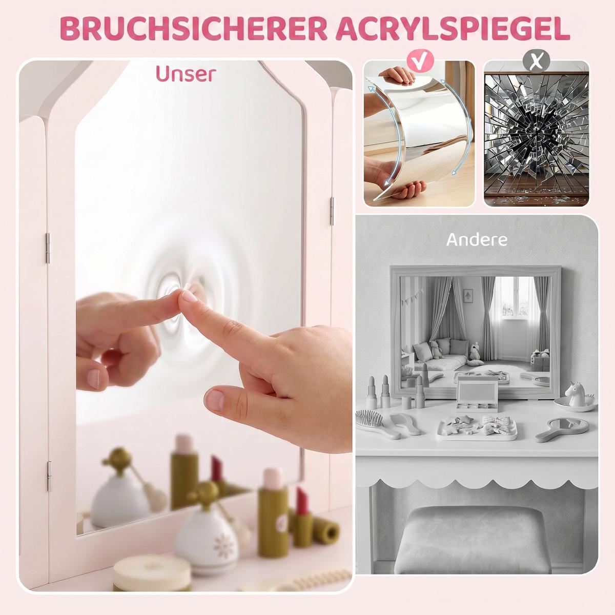 KINDERSCHMINKTISCH-SET MDF Acryl Rosa - Rosa/Naturfarben, Holzwerkstoff (33/90.7/79.5cm) - AIYAPLAY