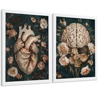 POSTER Set aus 2 Anatomie Mensch Drucke und Wandbilder mit Herz und Gehirn Elegante Florale Illustration Grüner Hintergrund Größe Weißer Rahmen A4 - Weiß, Papier (21/29.7/3cm) - Nacnic