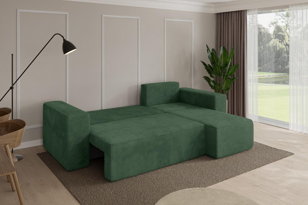 ECKSOFA mit Schlaffunktion Ottomane Rechts SENO-L 249x139x85 Grün Cord - Dunkelgrün/Schwarz, Holzwerkstoff/Kunststoff (249/139cm) - ALTDECOR