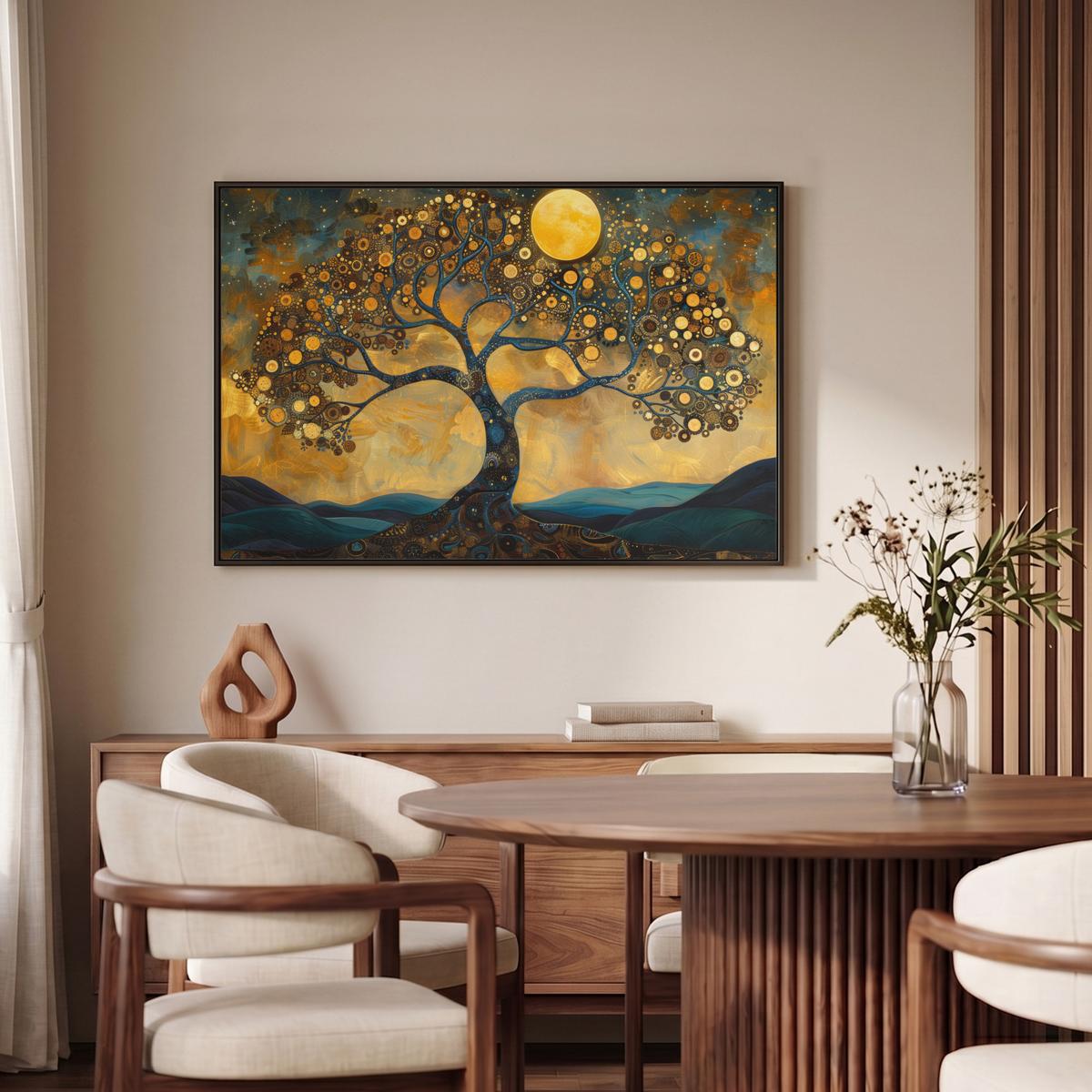 LEINWAND Bilder mit Rahmen - Baum - Mond - Blumen - Gold - Kunst - 90x60 - Orange, Textil (90/60cm) - MuchoWow