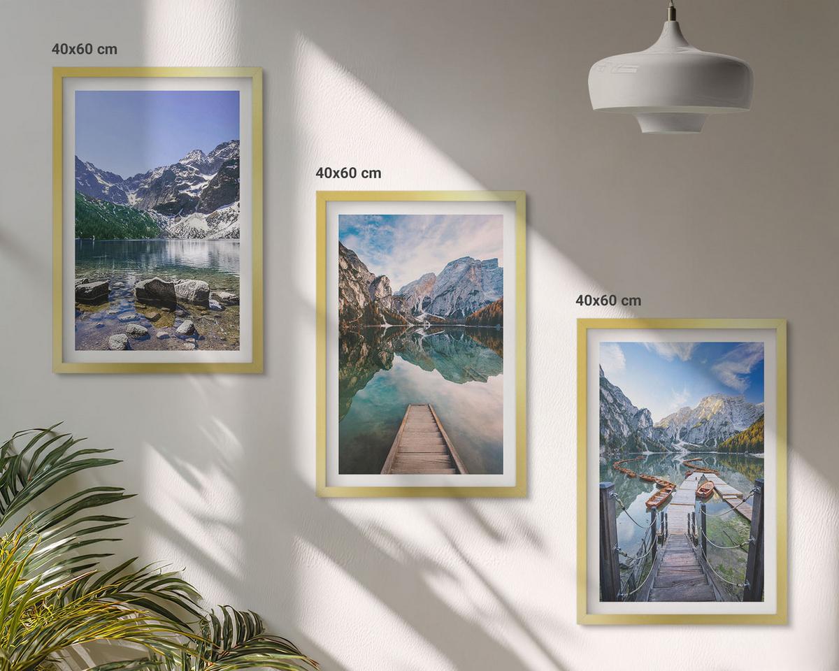 BILDER SET 3er Set - 40x60 cm Goldrahmen - Berge, Seen, Holzstege - Goldfarben, Kunststoff (40/60cm) - TULUP
