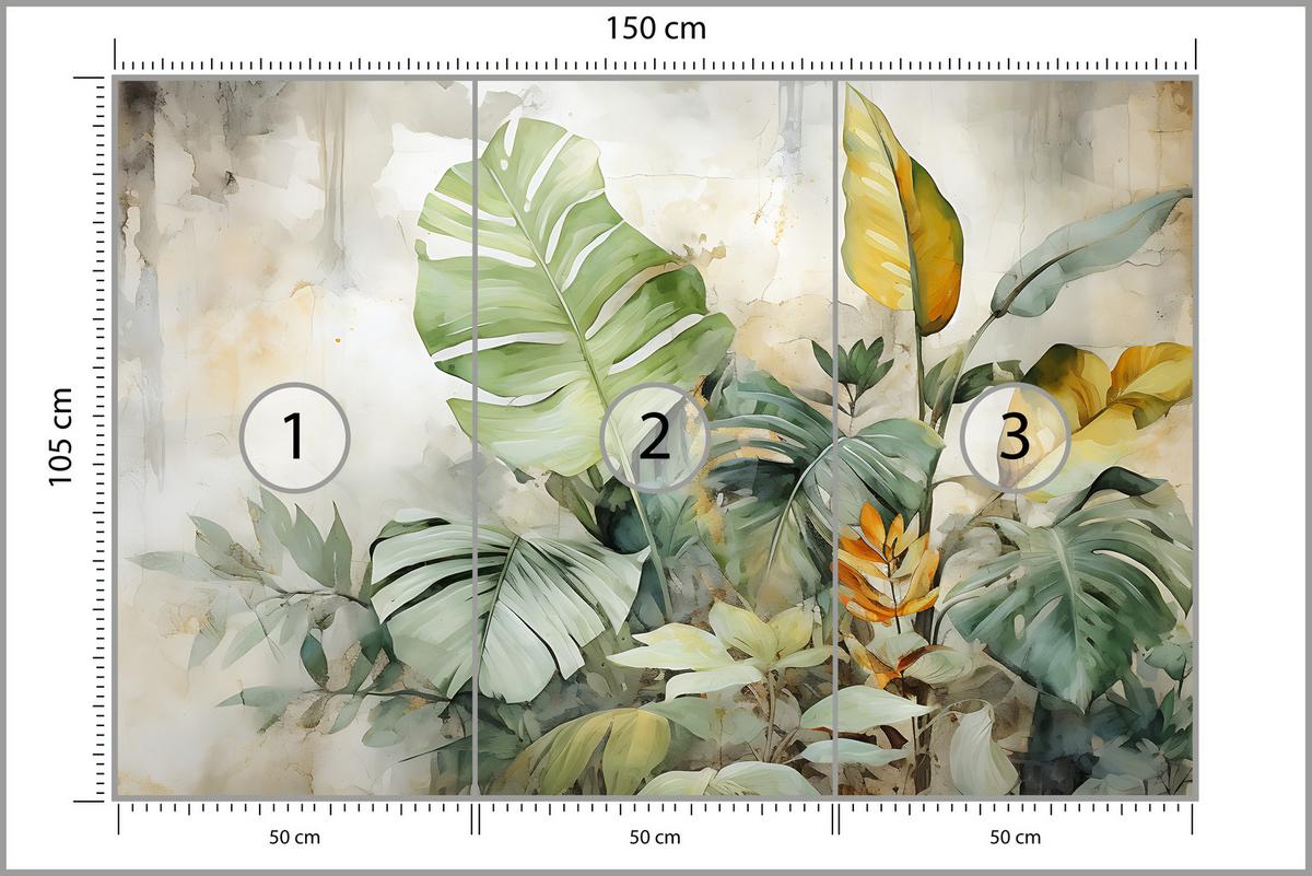 FOTOTAPETE für Wohnzimmer Tropische Blätter Aquarell Abstrakt 150x105 - Gelb/Beige, Papier (150/105cm) - Muralo