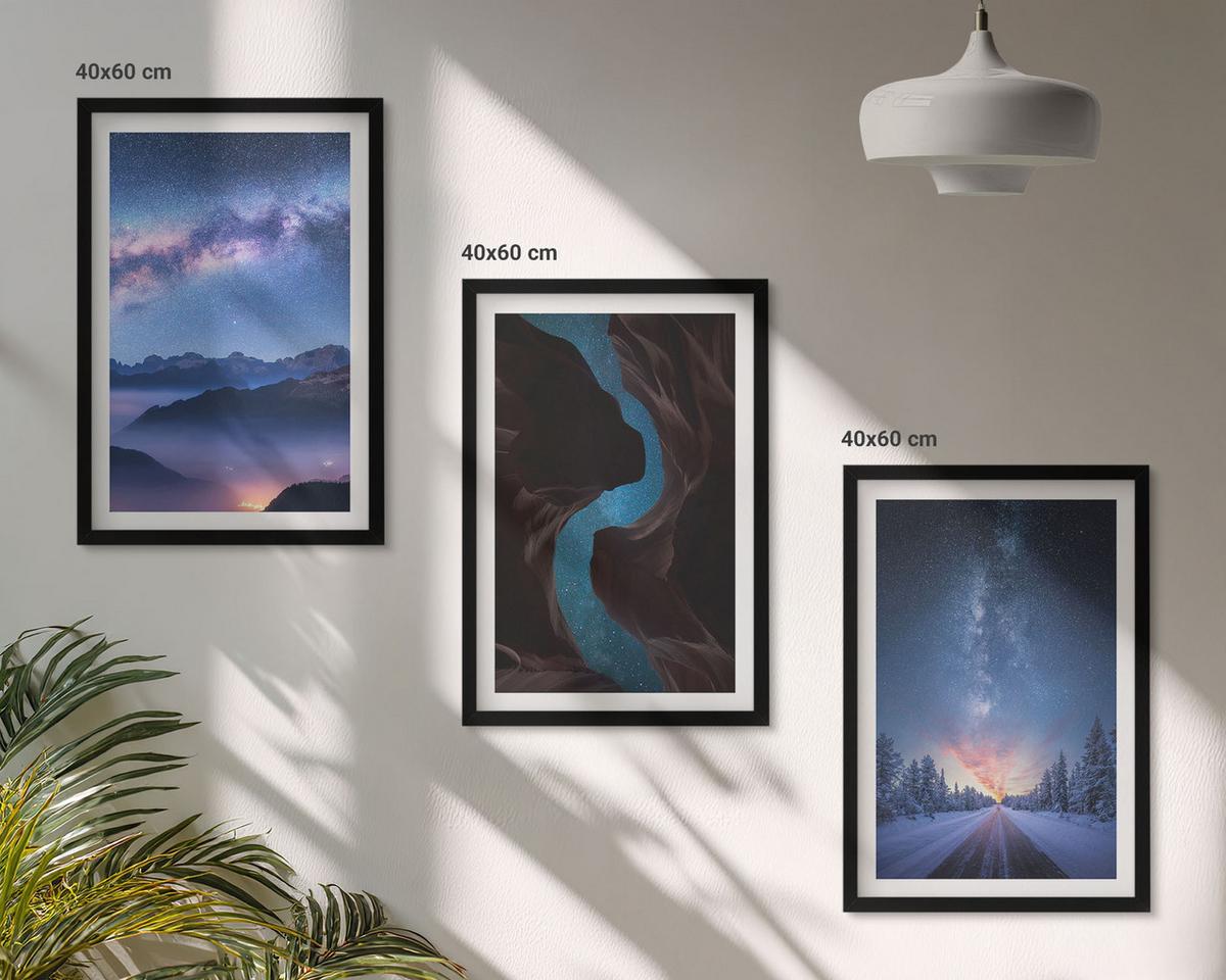 BILDER SET 3er Set - 40x60 cm Schwarzer Rahmen - Nachthimmel, Berge, Winterlandschaft - Schwarz, Kunststoff (40/60cm) - TULUP