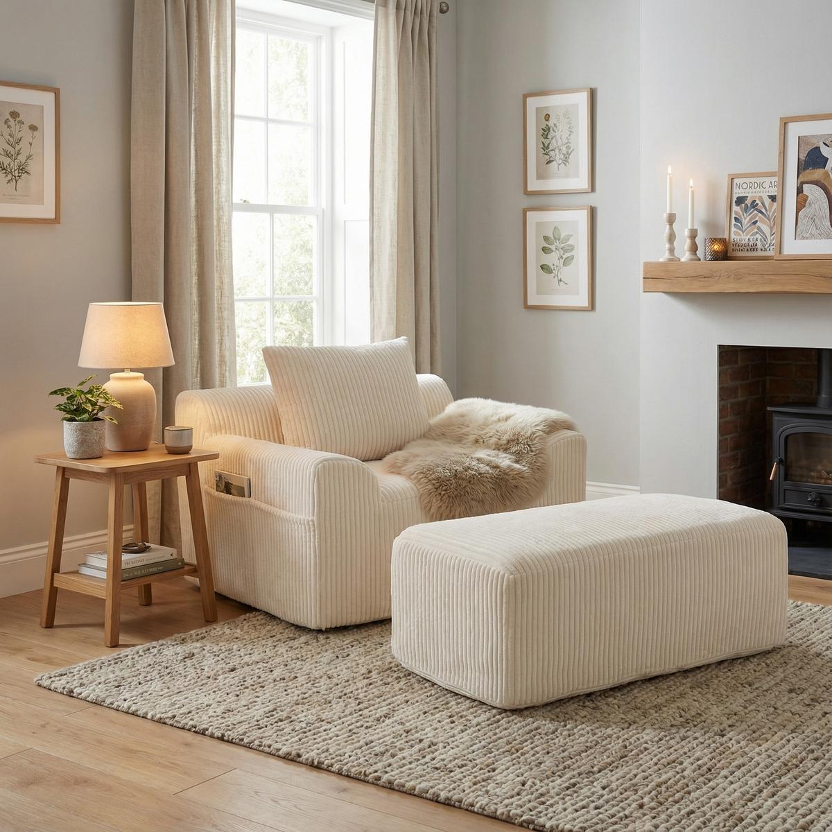 SESSEL mit Hocker in Cord Übergroßer Relaxsessel - Beige, Textil (110/67/147cm) - Urban Meuble