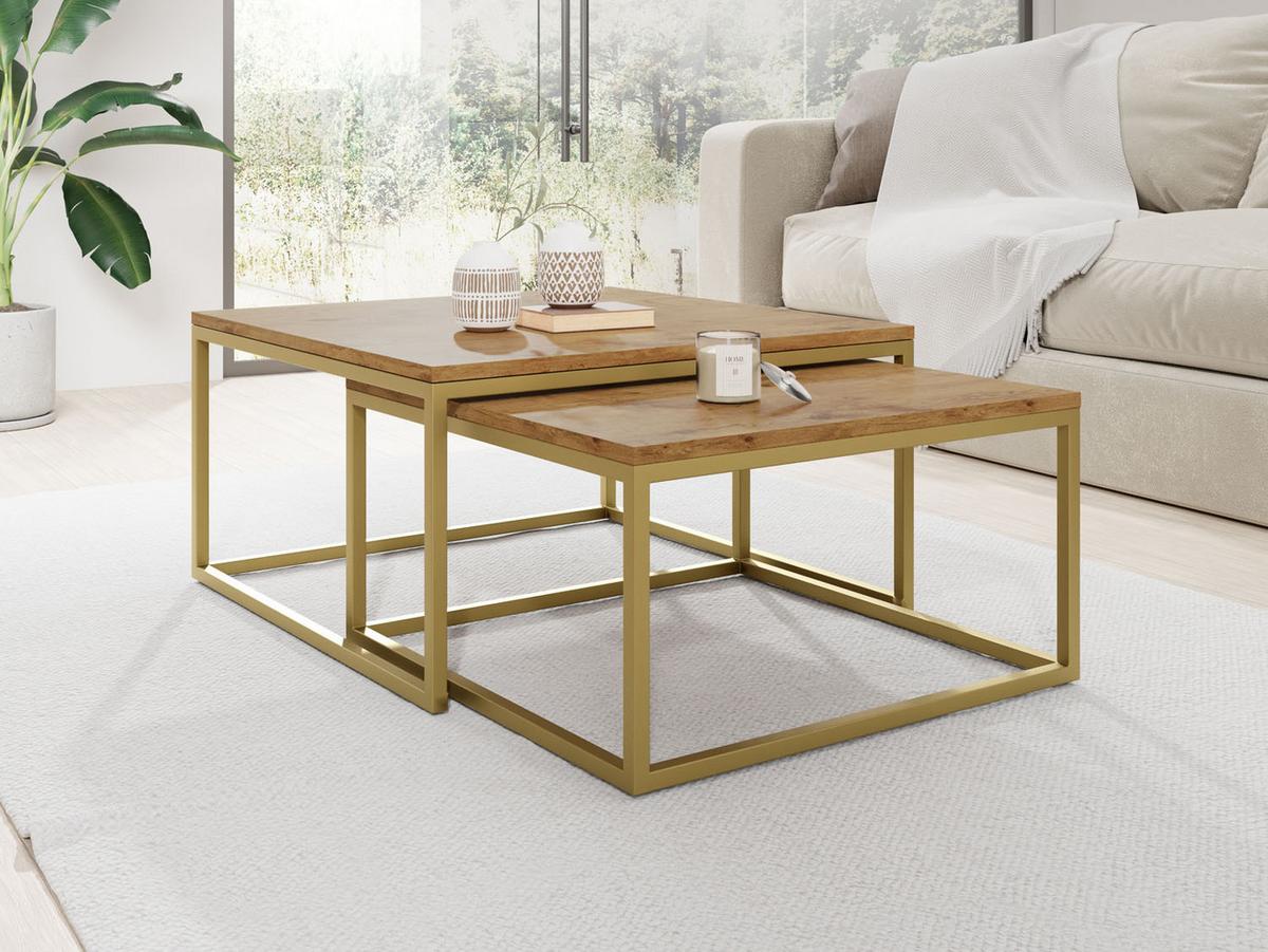 COUCHTISCHE Vella Gold 2er-Set quadratisch, Lancelot Eiche 76/76/39cm + 66/66/34 cm - Eichefarben/Goldfarben, Holzwerkstoff/Metall (76/76/39cm) - WFL GROUP
