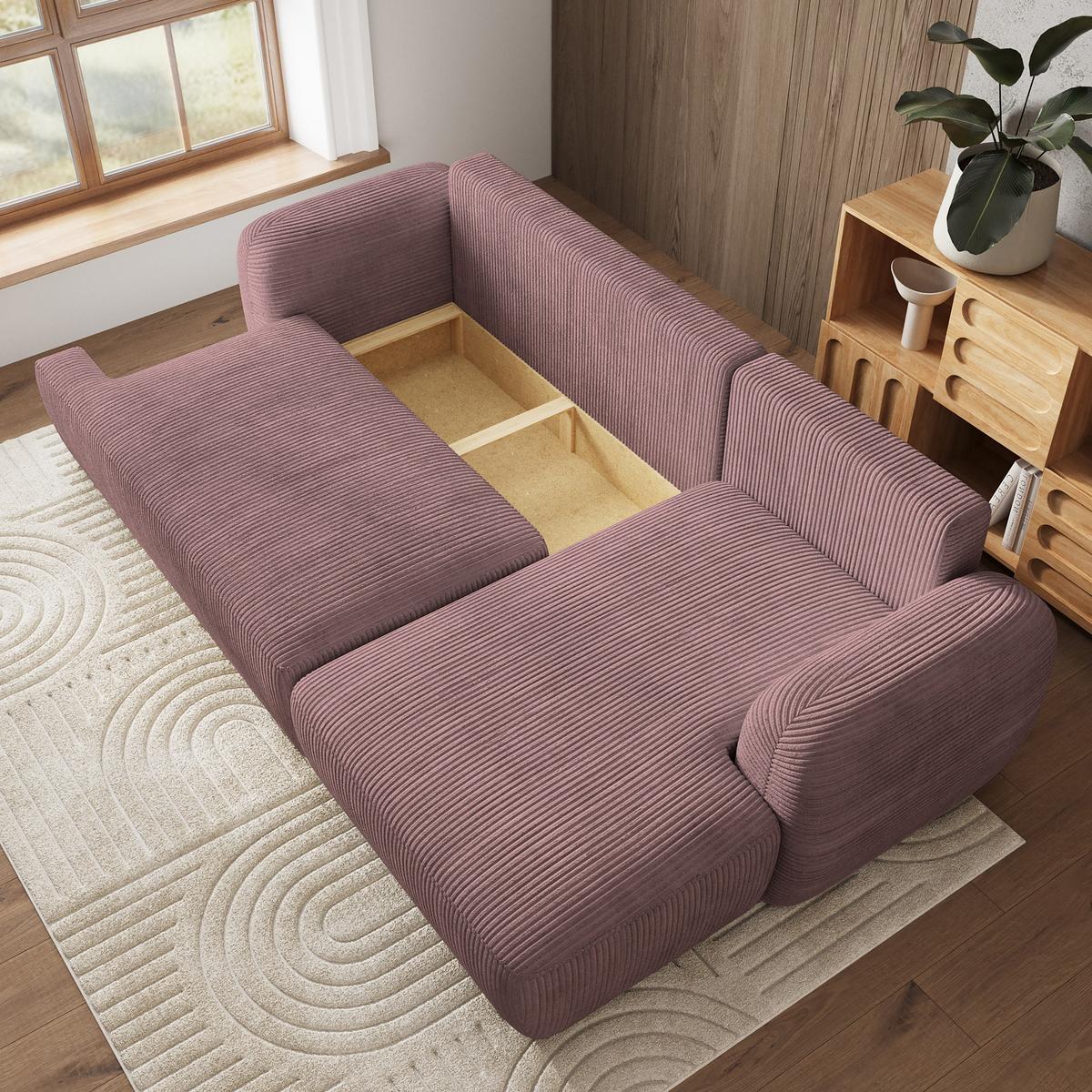 ECKSOFA MODENZA P R-S Lila Kordstoff mit Schlaffunktion - Lila/Schwarz, Holz/Kunststoff (266/148cm) - MASSENO